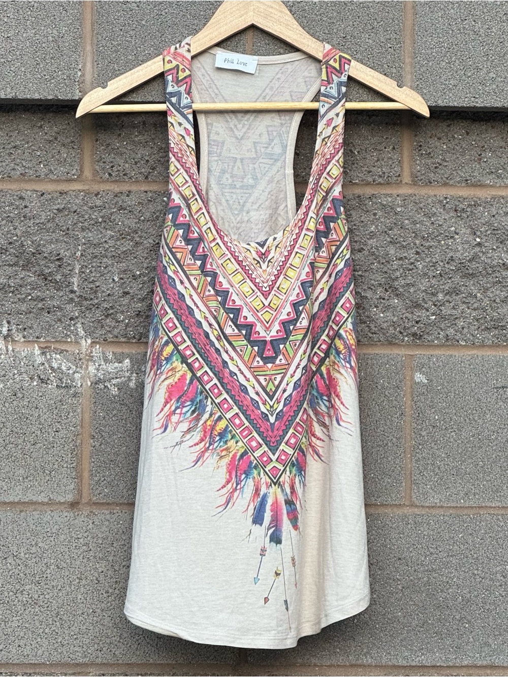 Women's Phil Love Multi Color Aztec Feather Graphic Racerback Tank Top Small